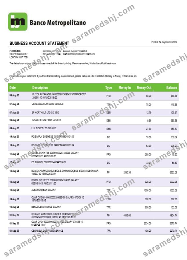Banco Metropolitano organization checking account statement Word and PDF template